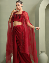 Bloody Mary Abstract Work Crop-Top, Draped Skirt & Embellished Organza Cape