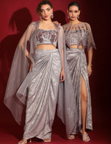 Metallic Grey Foil & Sea Life Embroidered Crop-Top Draped Skirt-Cape Set