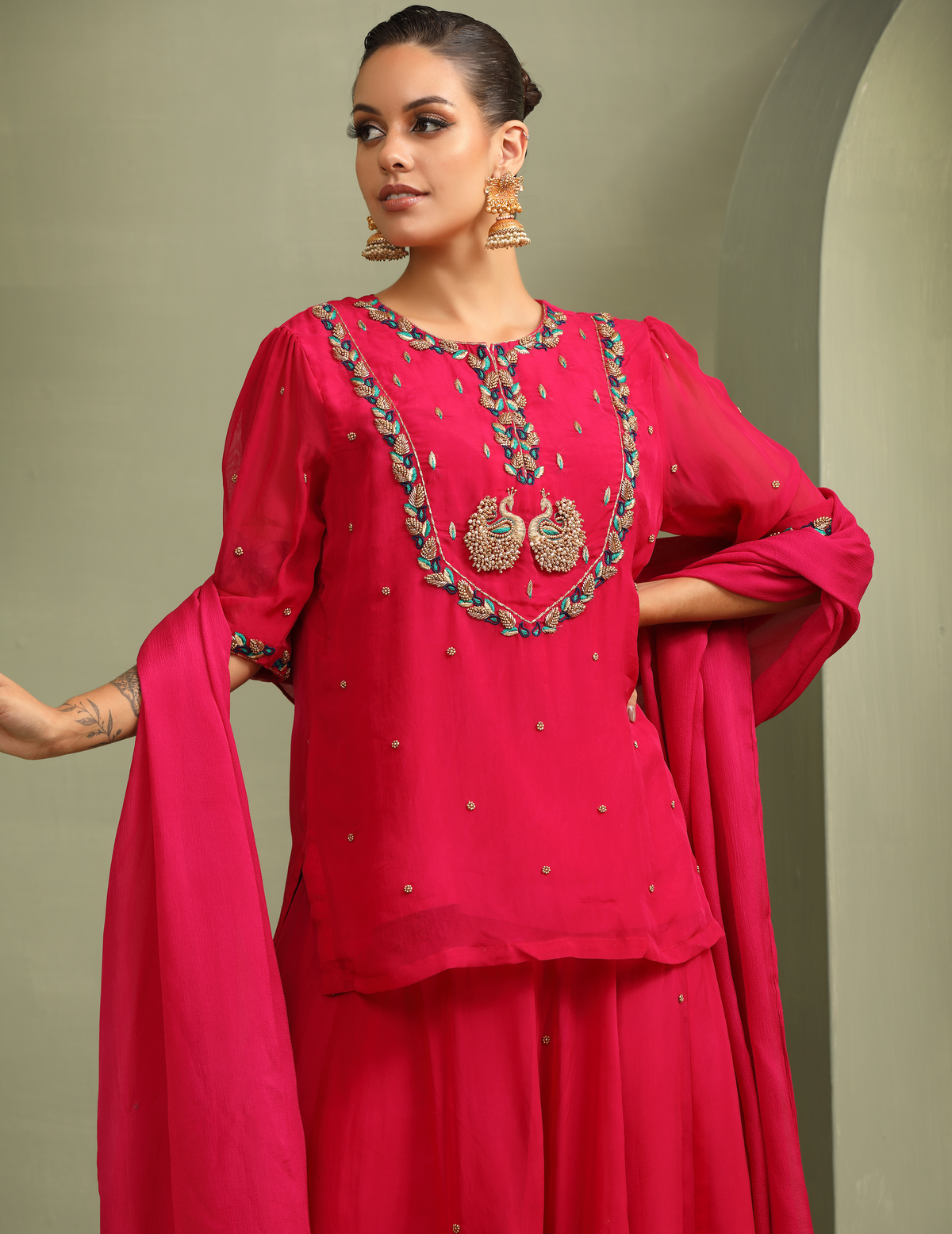 Rani Pink Peacock Embroidered Lehenga-Short Kurti & Duppata Set