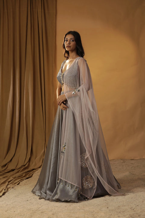 Grey Organza Lehenga Set