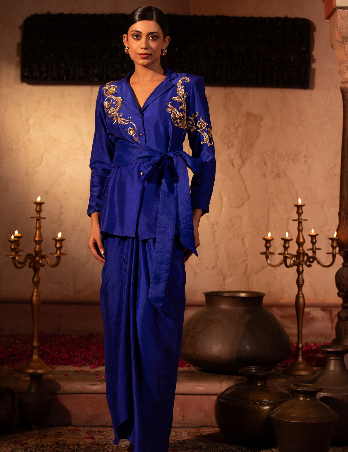 Egyptian Blue Wrap Rococco Blazer With Drape Skirt