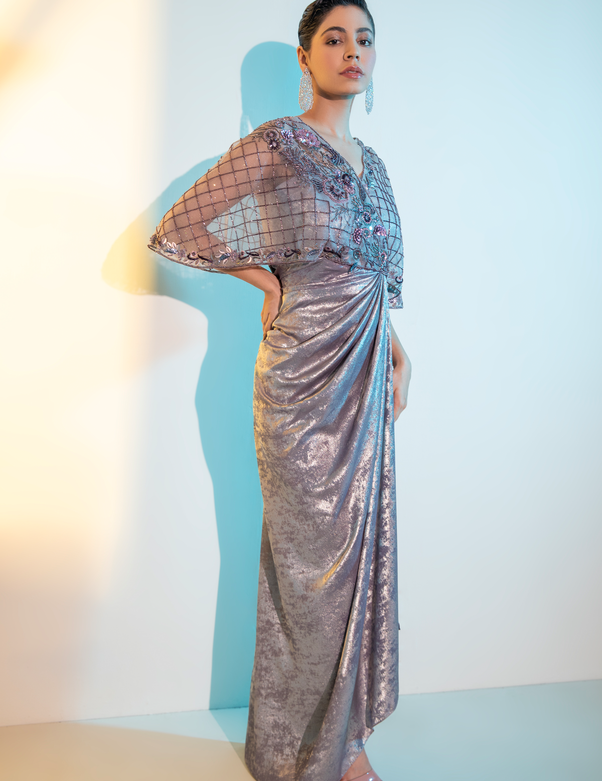 Purple Metalica Embellished Cape Gown