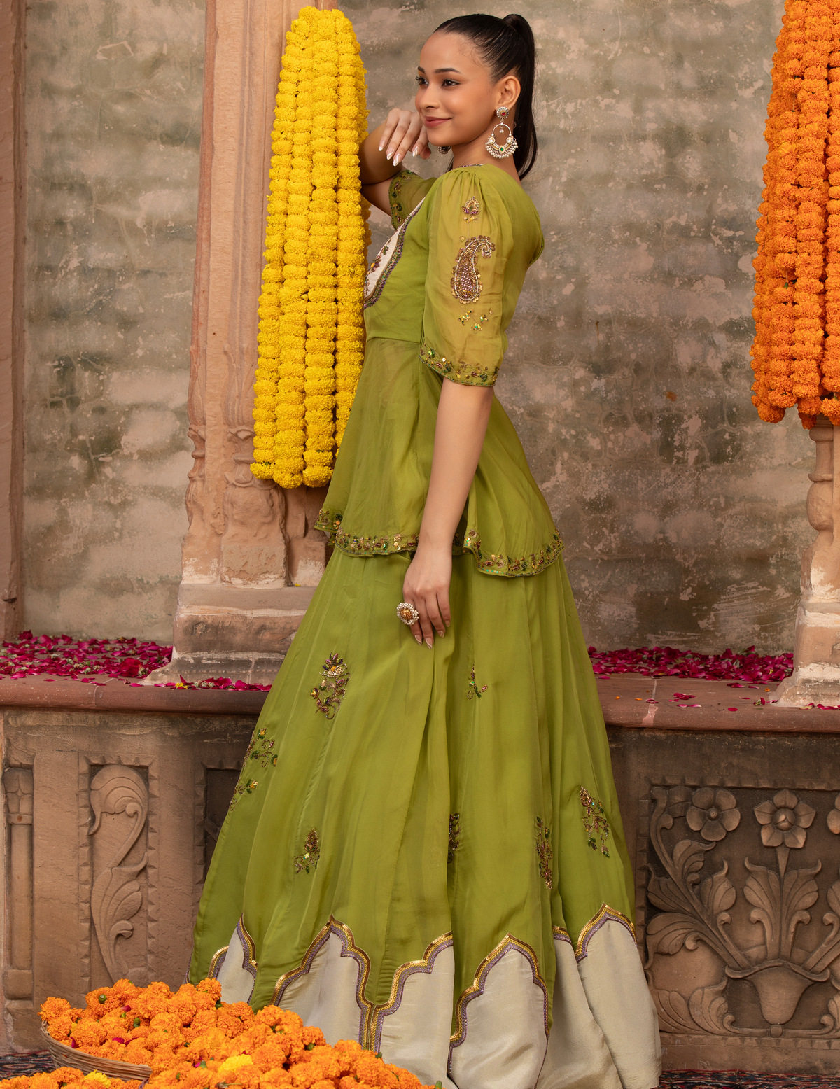Parrot Green Organza Jharoka Applique Peplum Lehenga