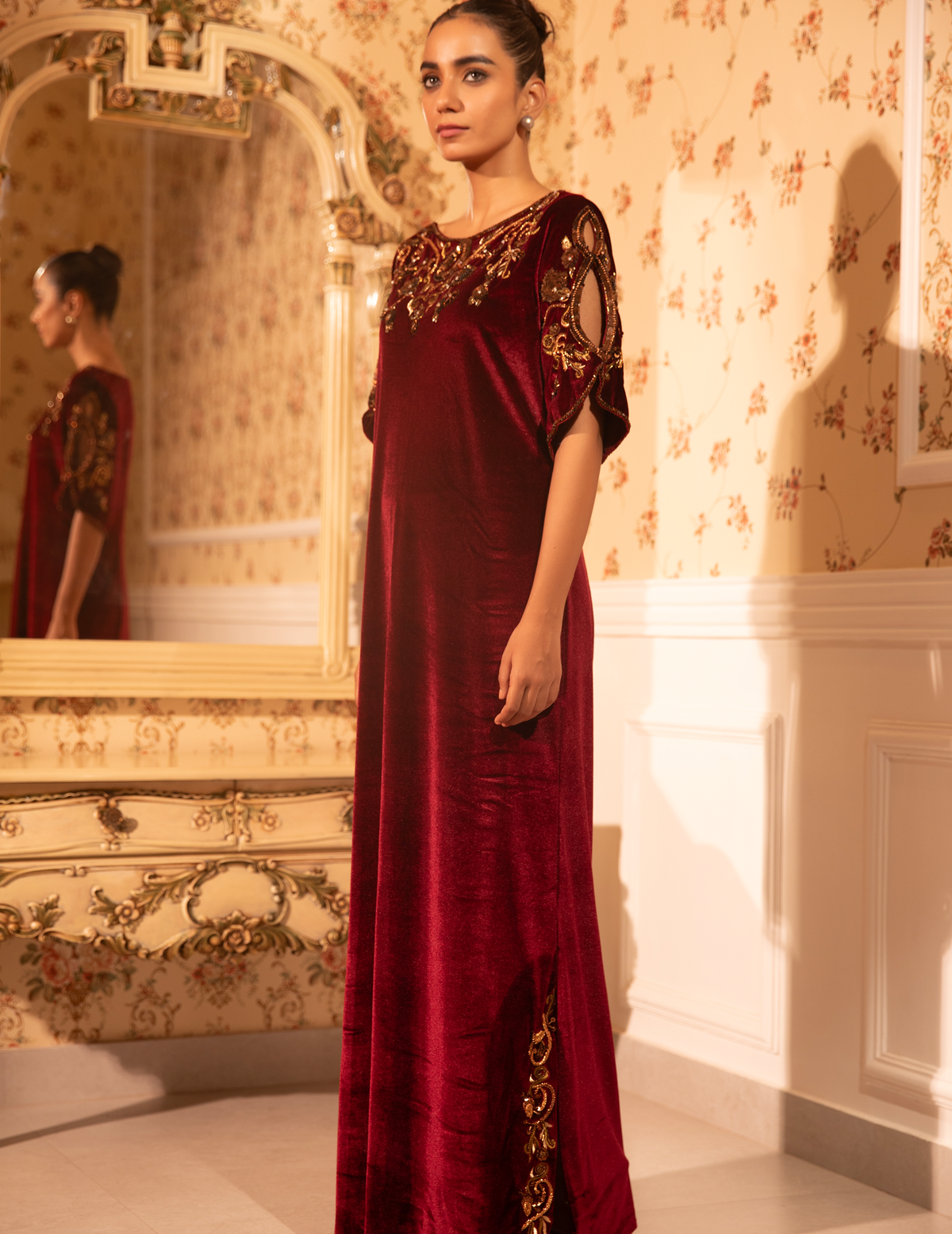 Burgundy Baroque Work Gown With Slit