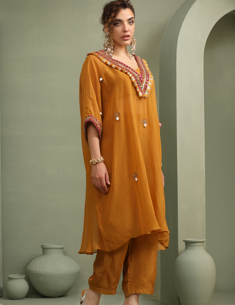 Mustard Festive Oversized Kaftan-Crop Top, Trousers Set