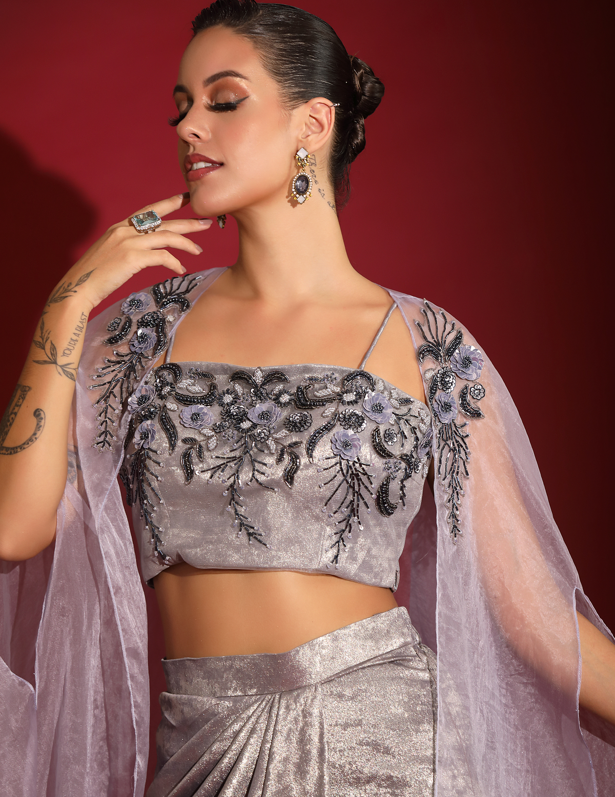 Purple Metallica Embellished Bustier With Drape Skirt And Organza Cape
