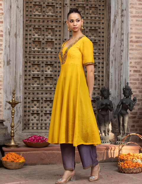 Mustard Lavender Anarkali Set