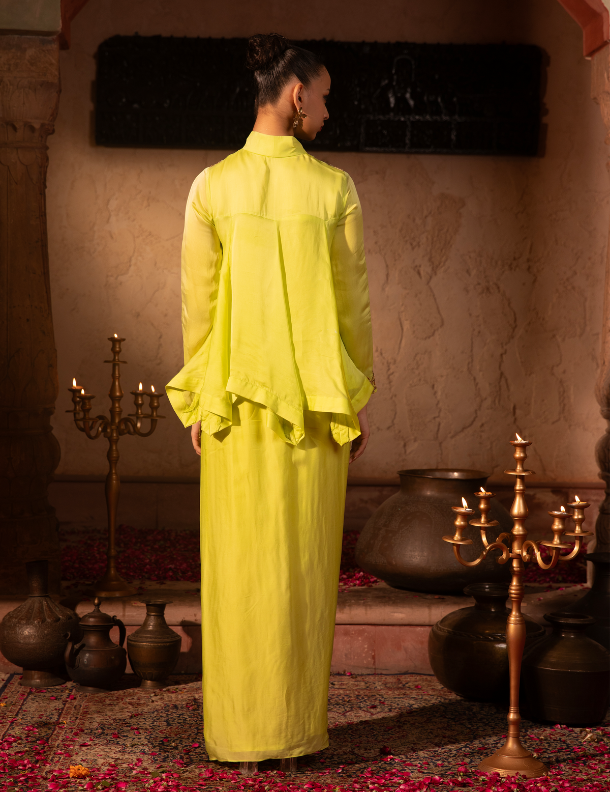 Lime Kalidar Asymmetric Top & Draped Skirt