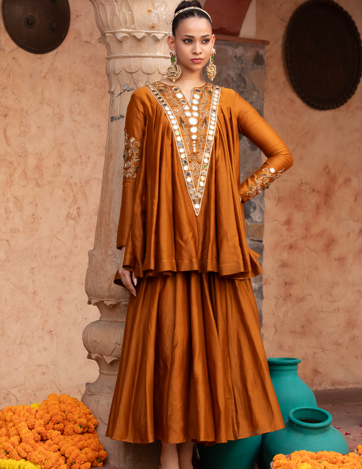 Golden Chanderi Kathiavadi Top & Midi Skirt
