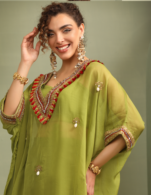 Parrot Green Festive Oversized Kaftan-Crop Top, Trouser Set
