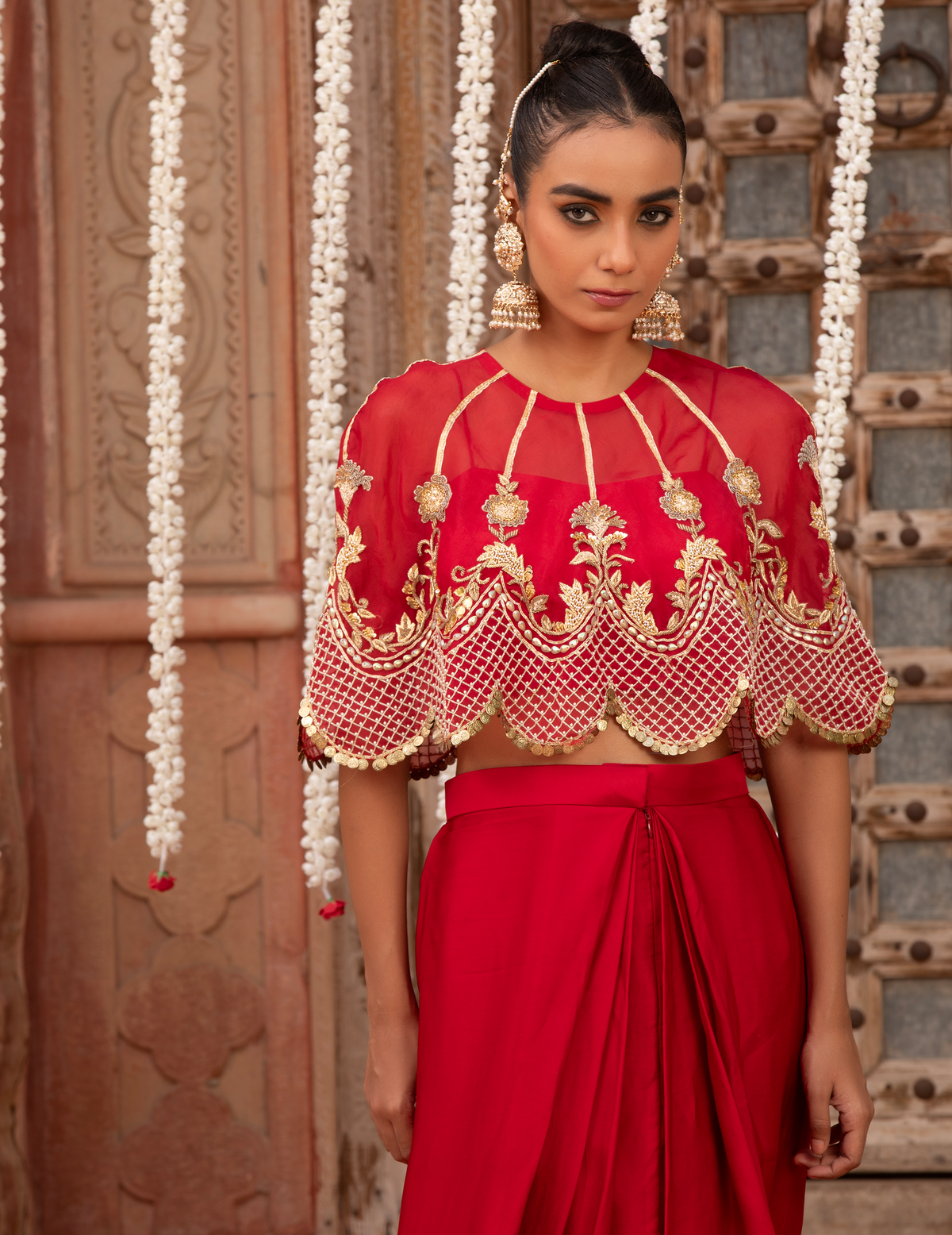 Scarlet Red Scaloop Cape, Bustier & Drape Skirt