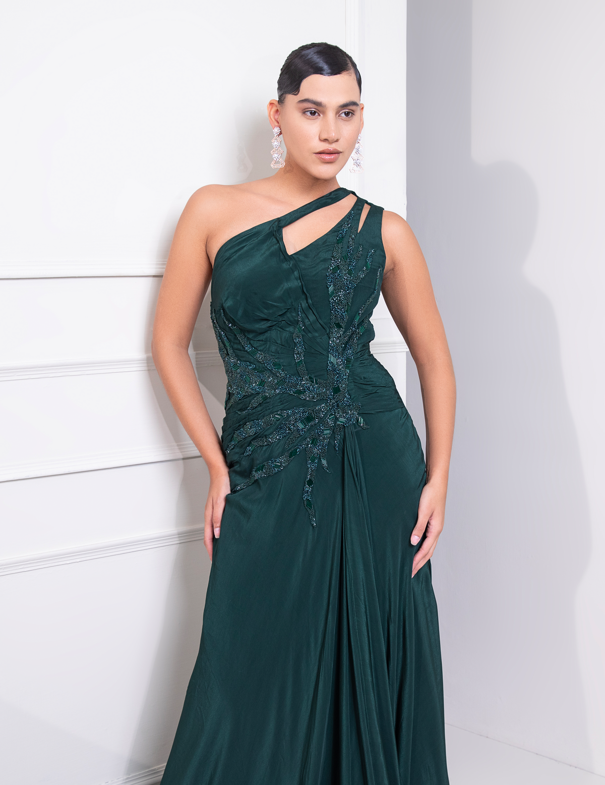Bottle Green One Shoulder Draped Cocktail Gown Abstract Work