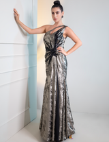 Grey Metalica Ruched Sleeves Cocktail Gown