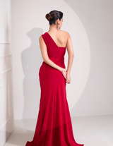 Ruby Red One Shoulder Draped Cocktail Gown Abstract Work