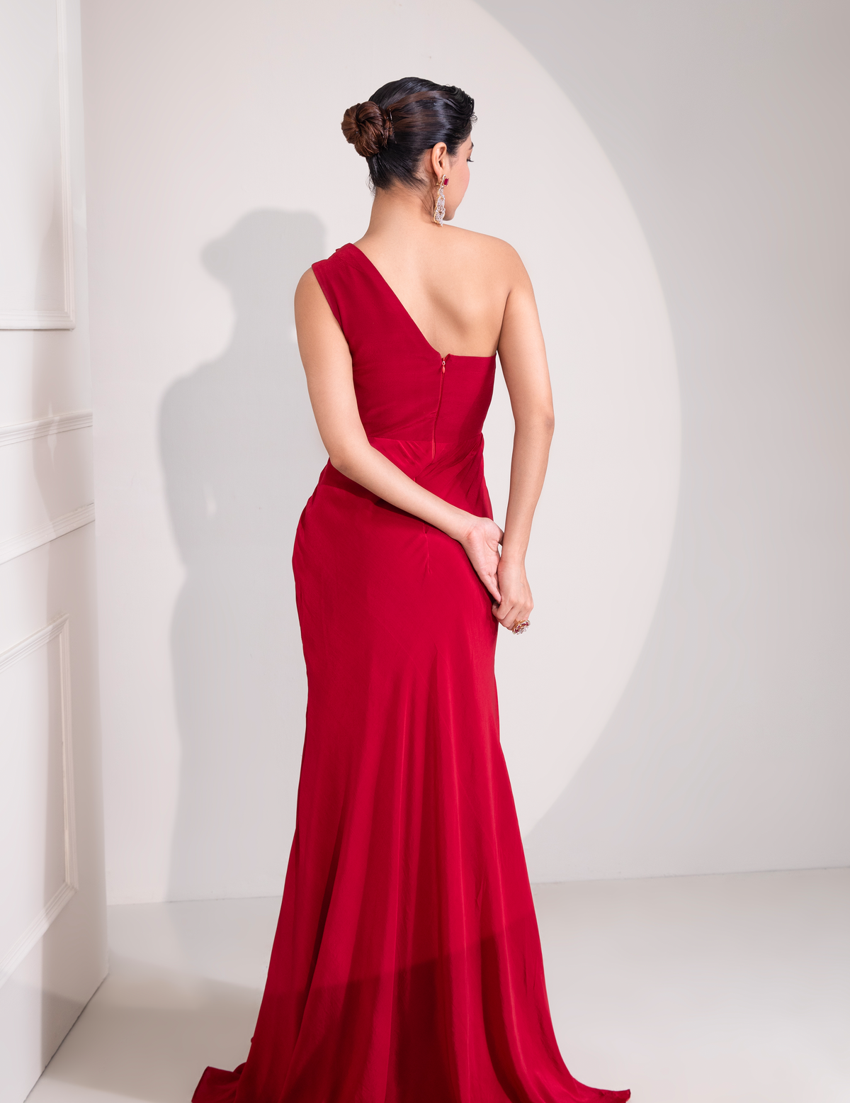Ruby Red One Shoulder Draped Cocktail Gown Abstract Work