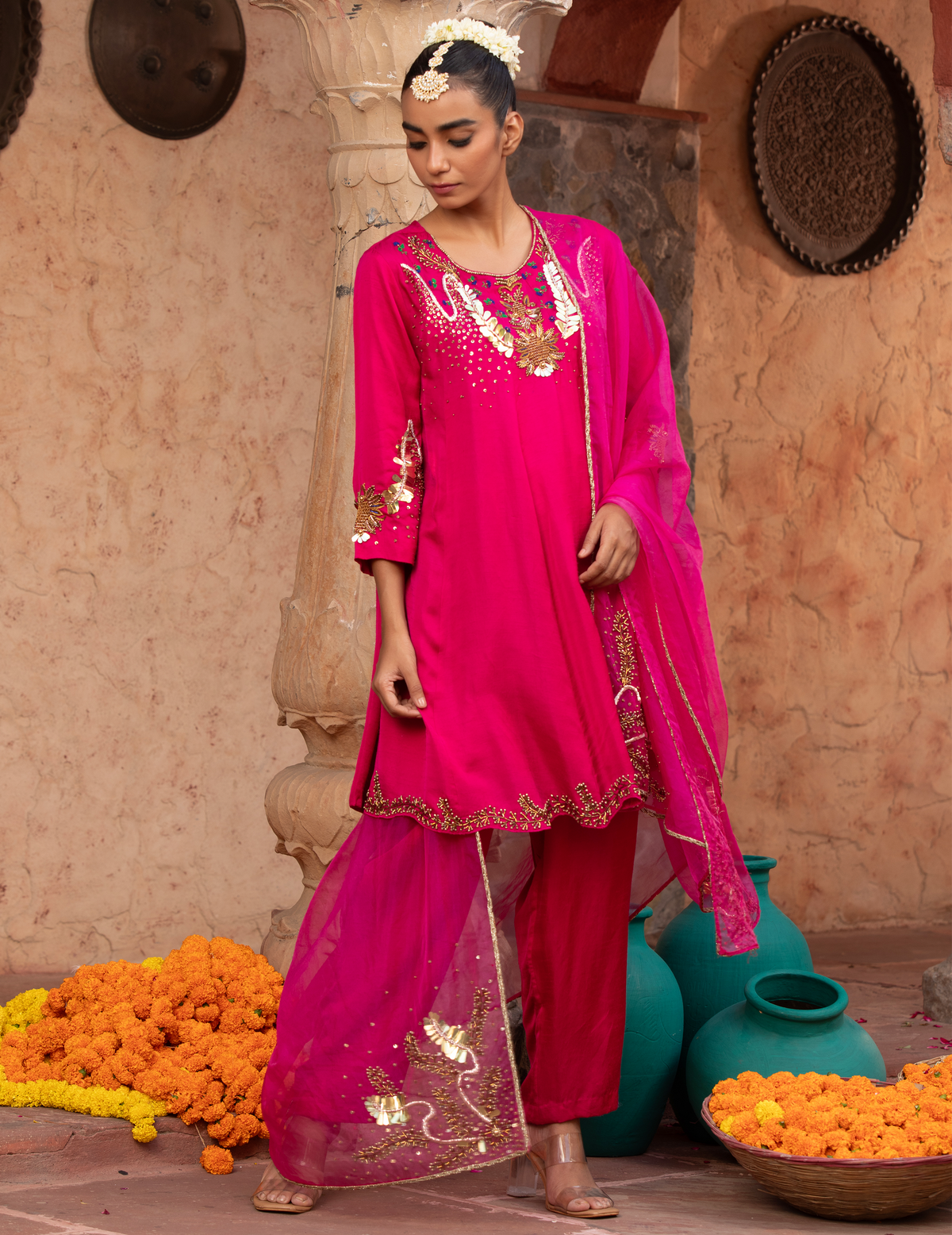 Rani-Pink Hand-Embellished Anarkali Set