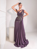Midnight Plum One Shoulder Gown With Abstract Work