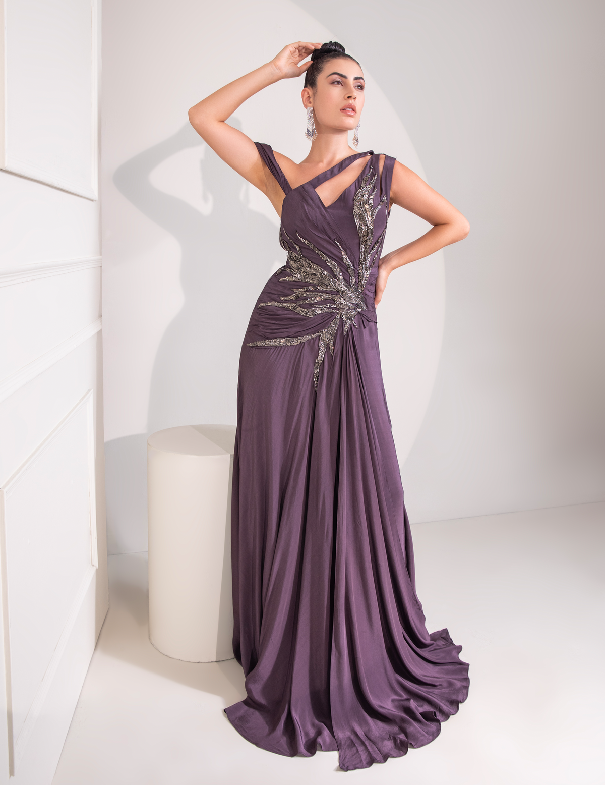 Midnight Plum One Shoulder Gown With Abstract Work