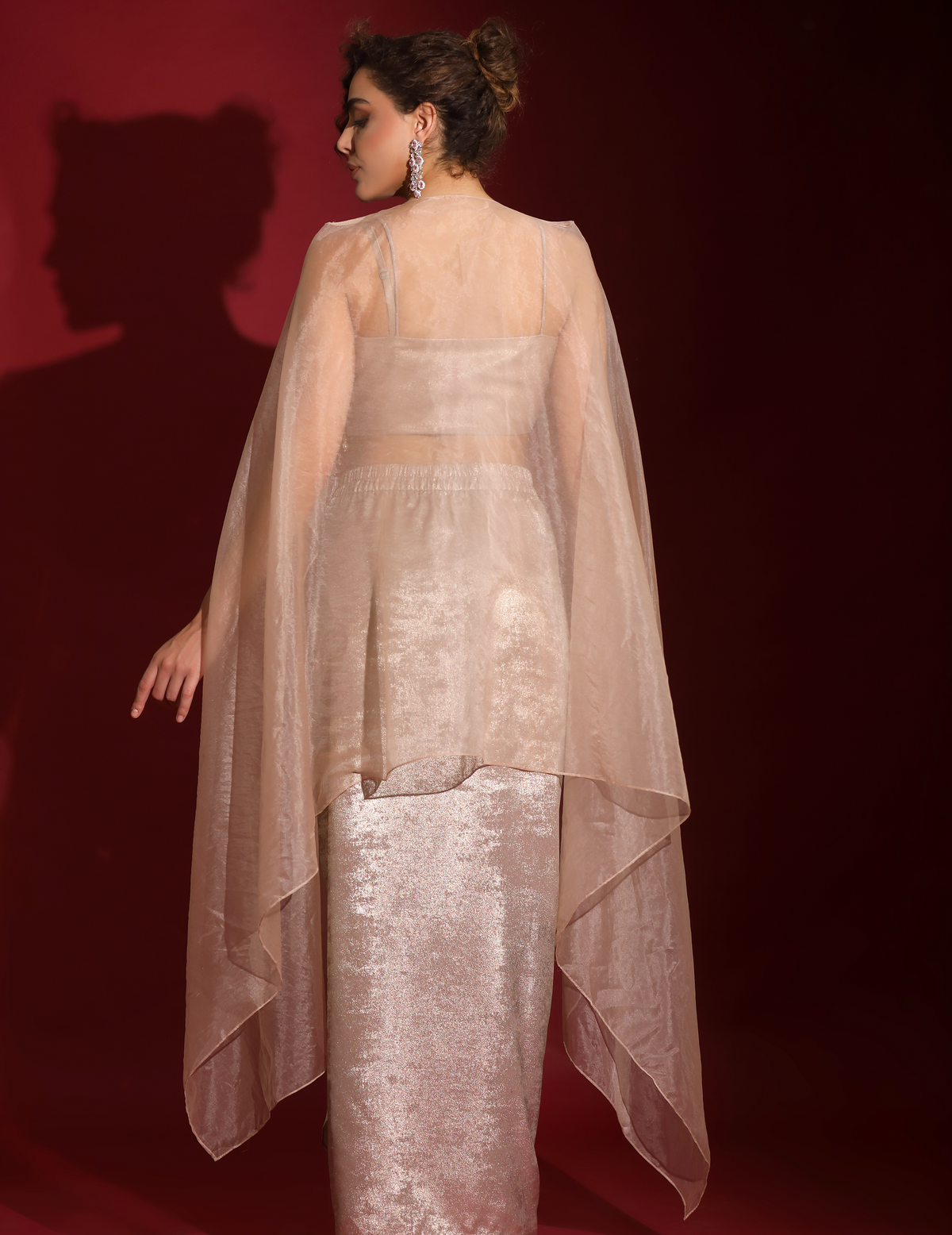 Metallic Rose-Gold Foil & Sea Life Embroidered Crop-Top Draped Skirt-Cape Set