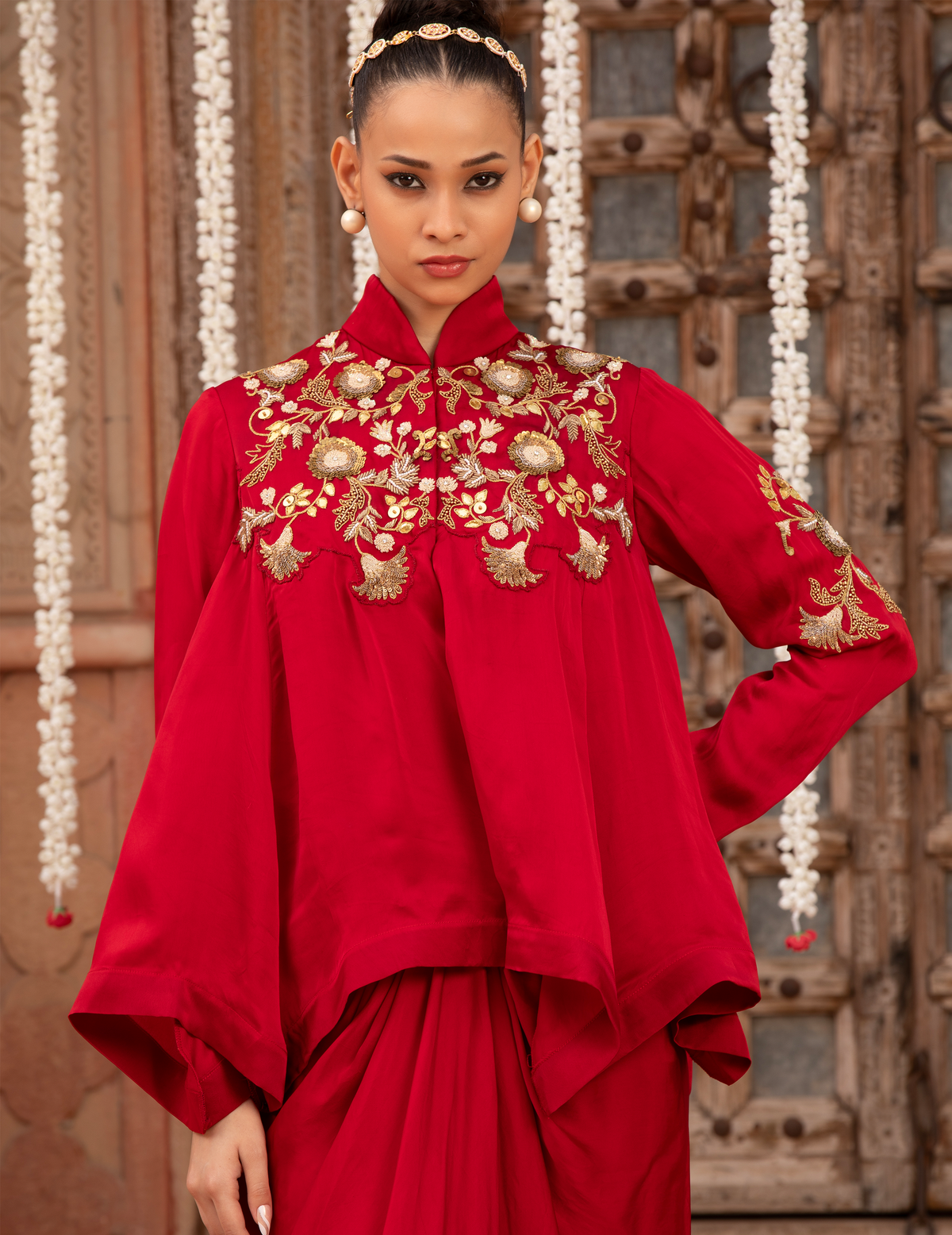 Scarlet Red Kalidar Asymmetric Top & Drape Skirt