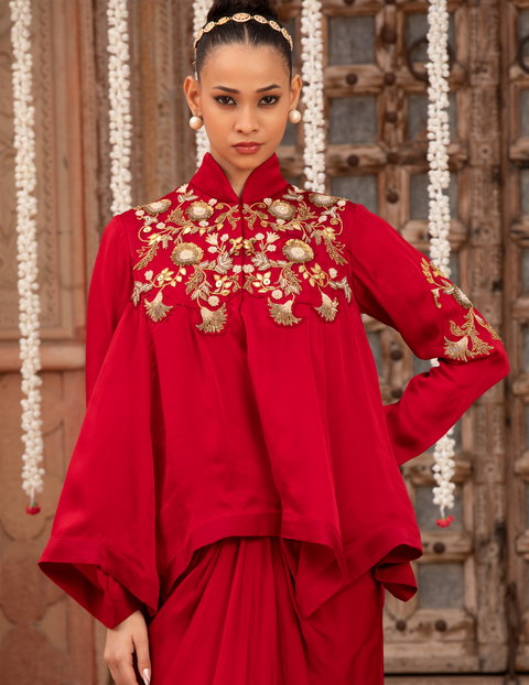 Scarlet Red Kalidar Asymmetric Top & Drape Skirt