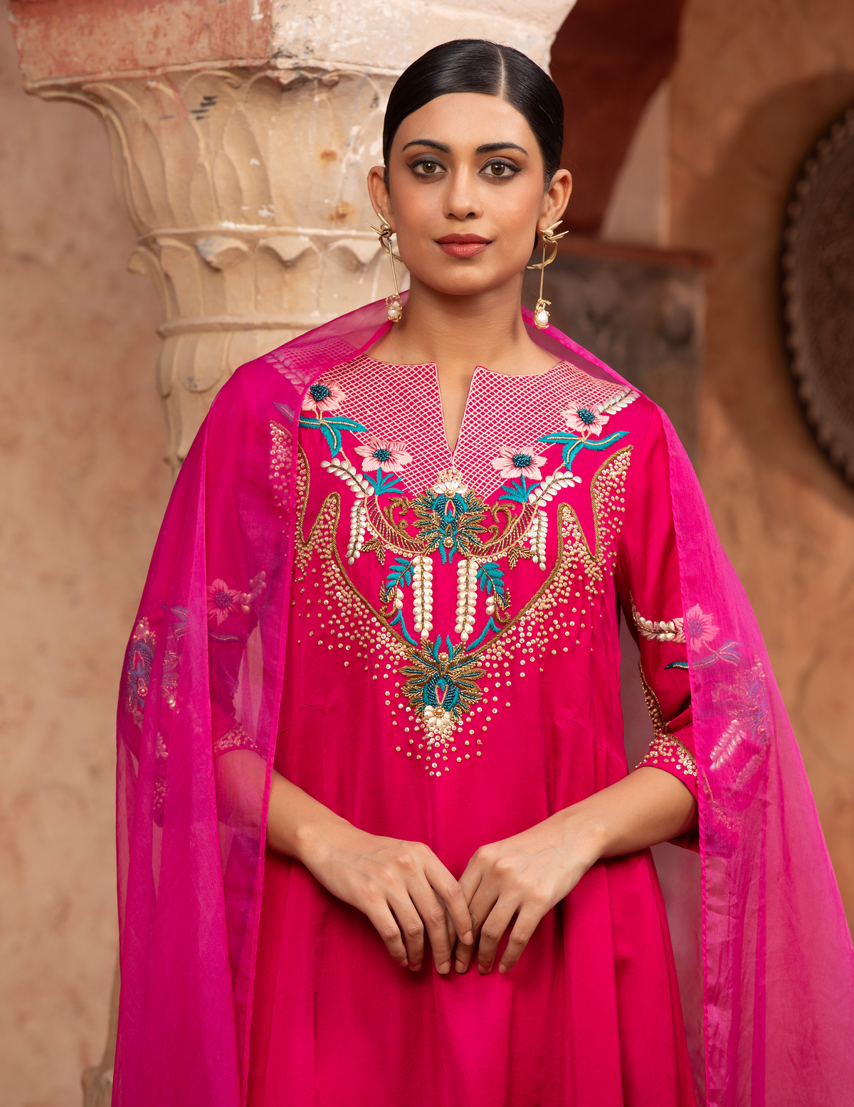 Rani-Pink Hand-Embellished Anarkali Set