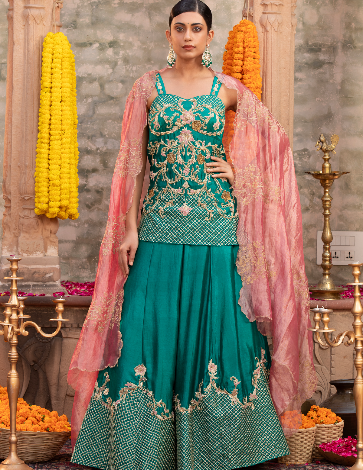 Rama Green Silk Corset Peplum-Lehenga Set