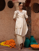 Ivory Rococco Asymmetric Angrakha With Drape Skirt