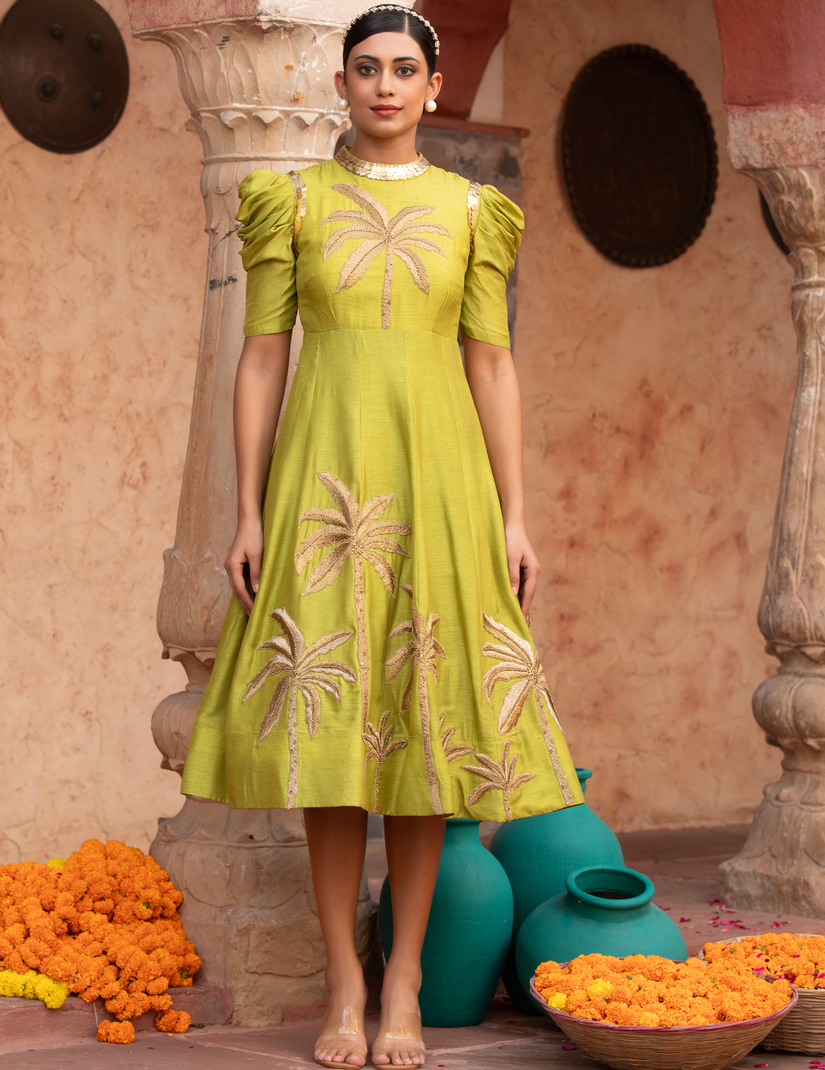 Lime Green Zari Tree Midi Gown