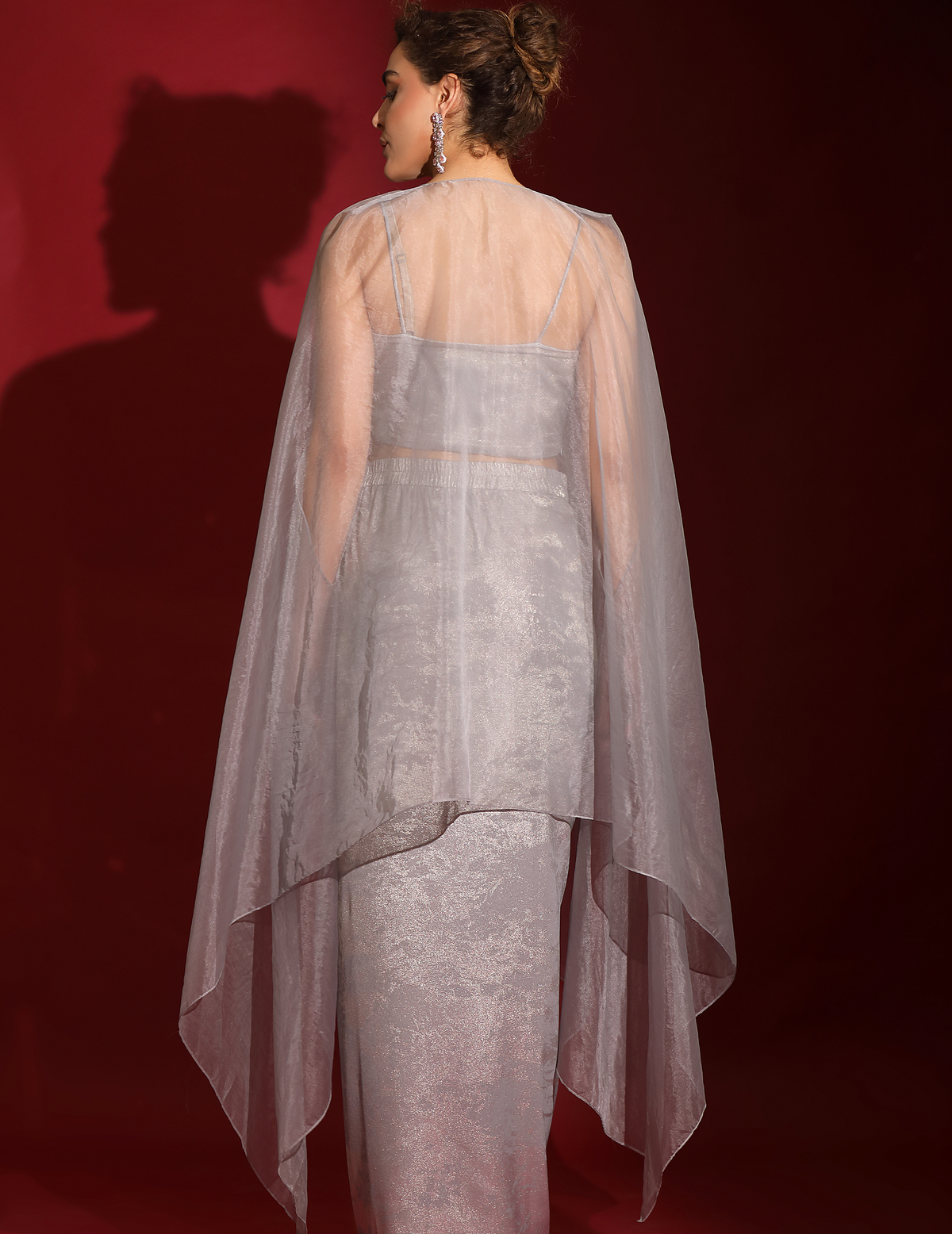 Metallic Grey Foil & Sea Life Embroidered Crop-Top Draped Skirt-Cape Set