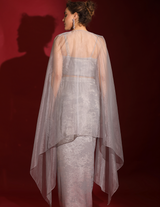 Metallic Grey Foil & Sea Life Embroidered Crop-Top Draped Skirt-Cape Set