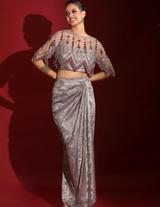 Geometrical Cape, Crop-Top & Metallic Foil Grey Skirt