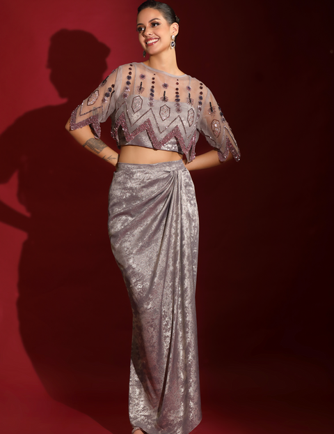 Geometrical Cape, Crop-Top & Metallic Foil Grey Skirt
