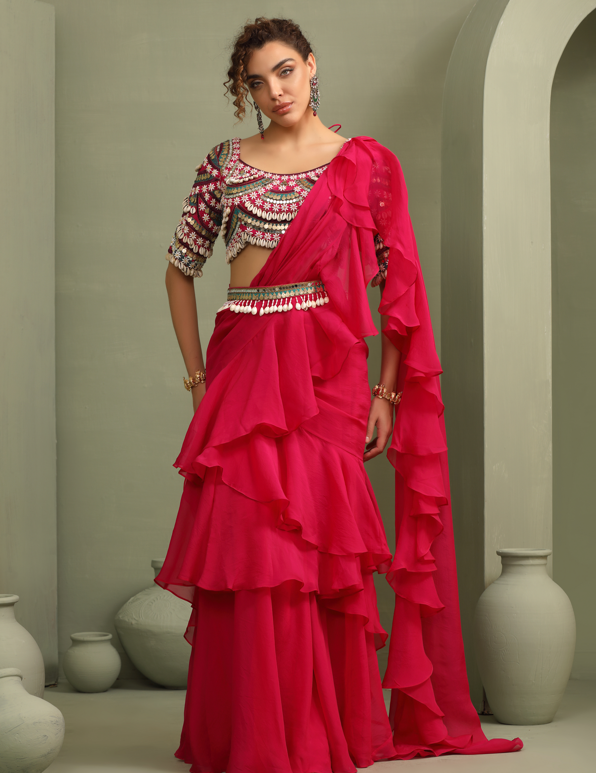 Kitsch Colourful Embellished Blouse & Ruffled Pre-Draped Saree