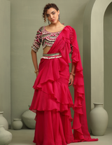 Kitsch Colourful Embellished Blouse & Ruffled Pre-Draped Saree