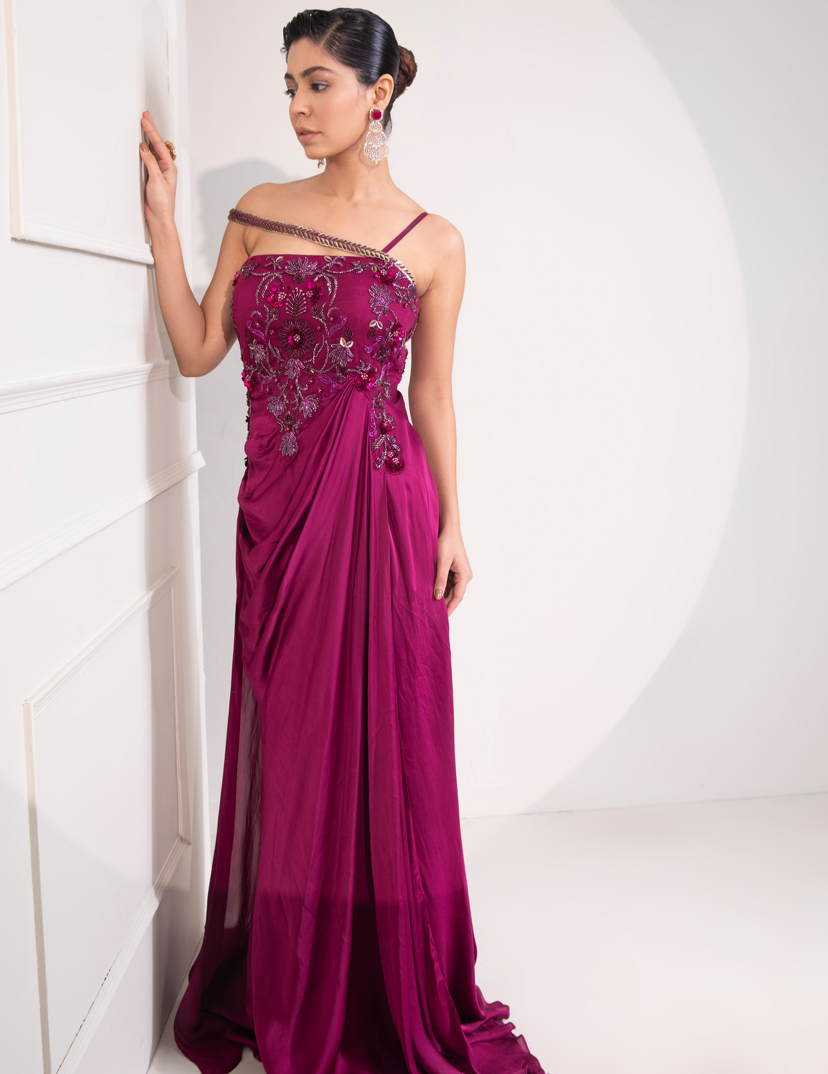 Viva Magenta Draped Cocktail Gown With Embellished Corset