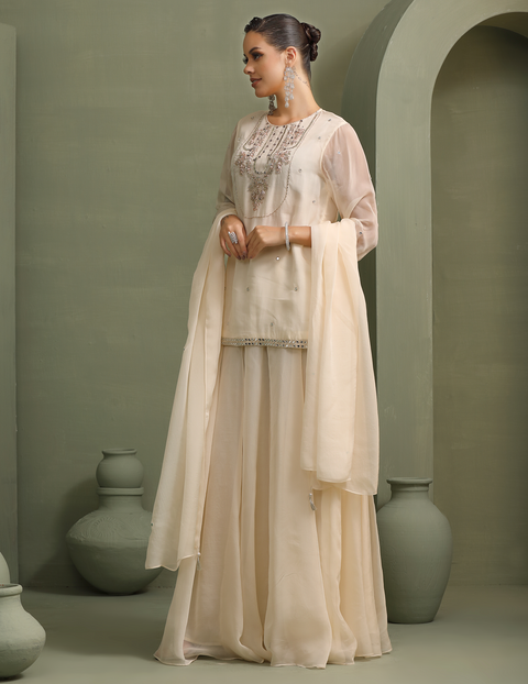 Ivory Hand-Embellished Short Kurti With Mirror-Work Lehenga & Dupatta Set