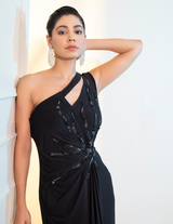 One Shoulder Draped Midi Cocktail Dress