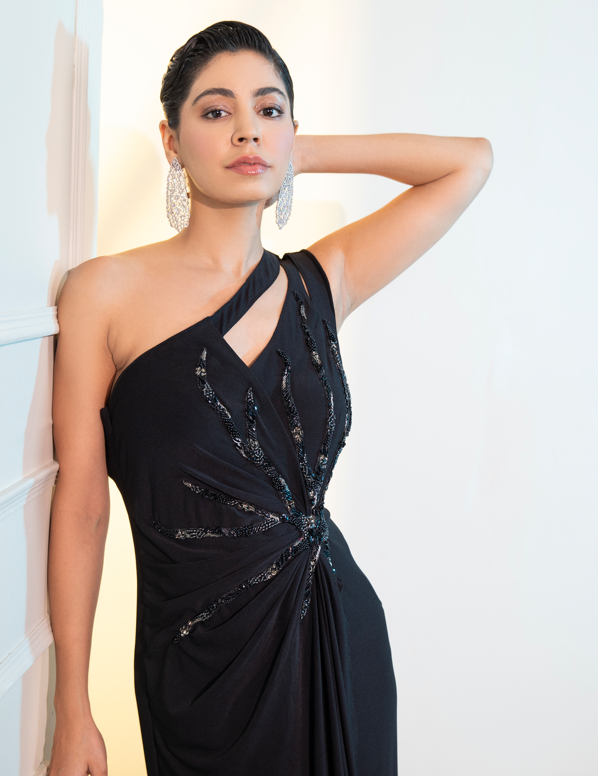 One Shoulder Draped Midi Cocktail Dress