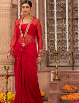 Scarlet Red Rococco Motif Jacket-Croptop & Drape Skirt Set