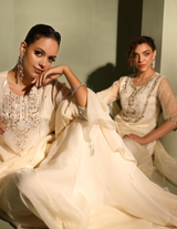 Ivory Peacock Motif Hand-Embellished Short-Kurti, Sharara, Dupatta Indo-Fusion