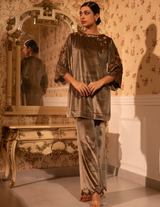 Gold Baroque Velvet Kurti With Trousers