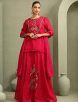 Rani Pink Peacock Embroidered Lehenga-Short Kurti & Duppata Set
