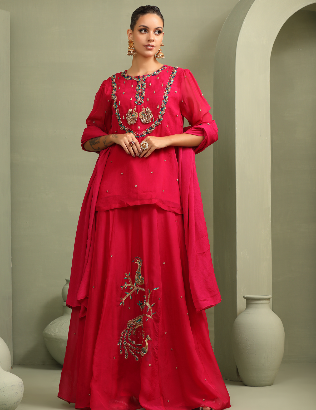 Rani Pink Peacock Embroidered Lehenga-Short Kurti & Duppata Set