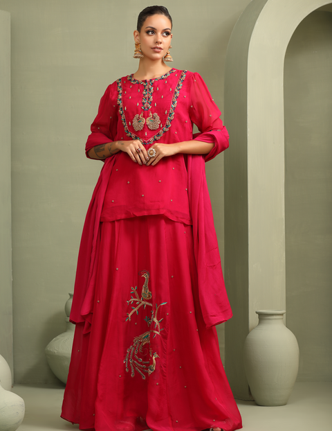 Rani Pink Peacock Embroidered Lehenga-Short Kurti & Duppata Set