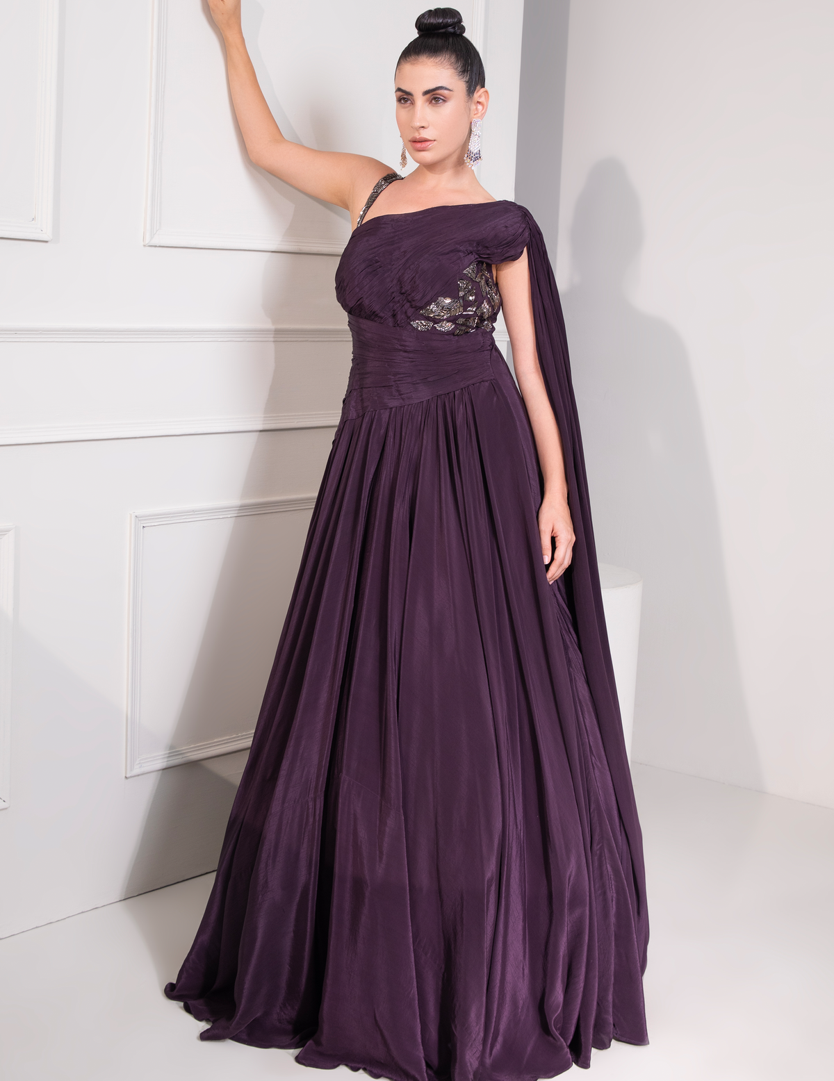 One Shoulder Draped Cocktail Gown Abstract Work