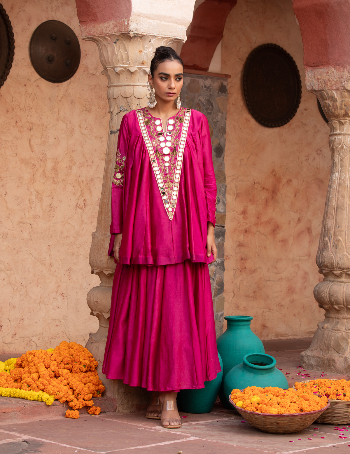 Fuschia Pink Chanderi Kathiavadi Top & Midi Skirt