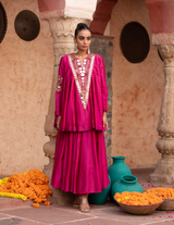 Fuschia Pink Chanderi Kathiavadi Top & Midi Skirt