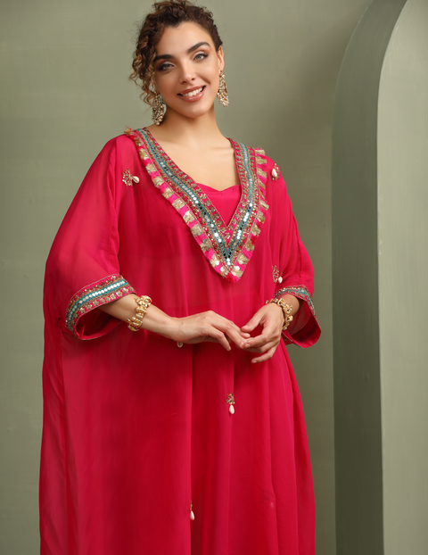 Pink Festive Oversized Kaftan-Crop Top,Trouser Set