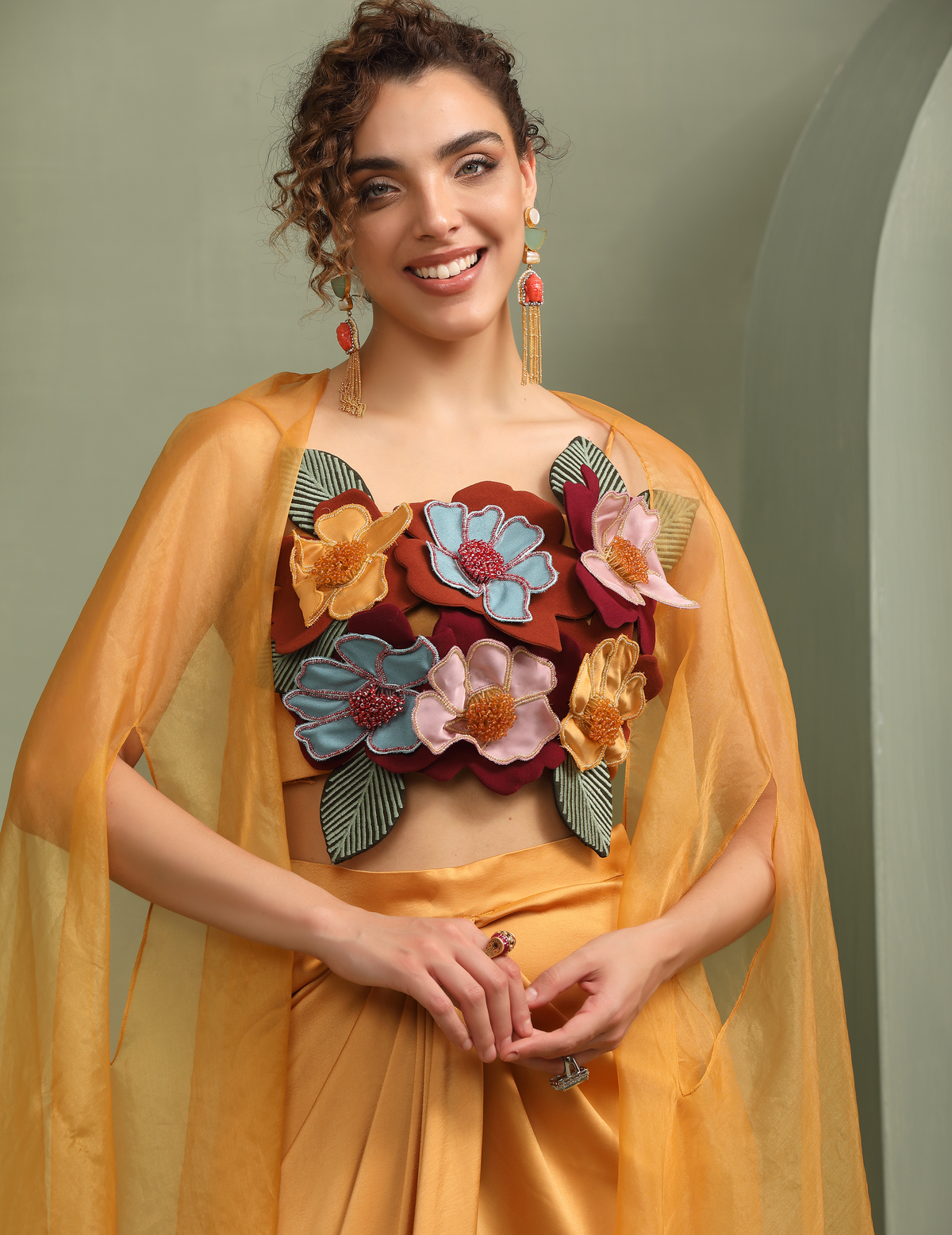 Mustard Draped Skirt-Cape & 3D Hand-Made Colour Block Flower Set
